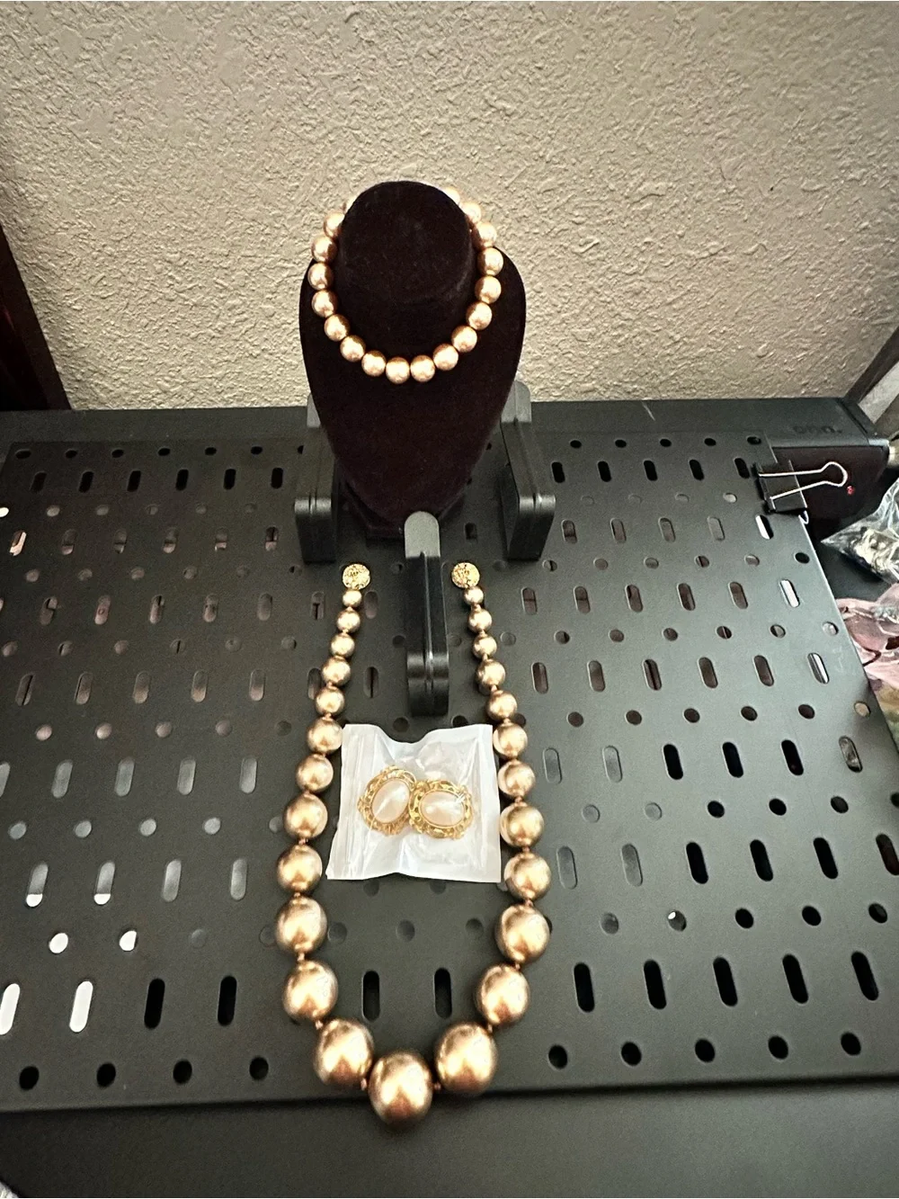 Gold Bead Necklace earrings and Bracelet Set - Women's Jewelry